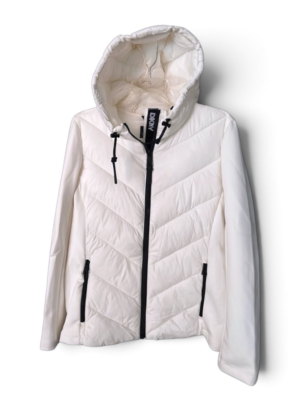 DKNY White Quilted Hooded Puffer Jacket with Black Trim